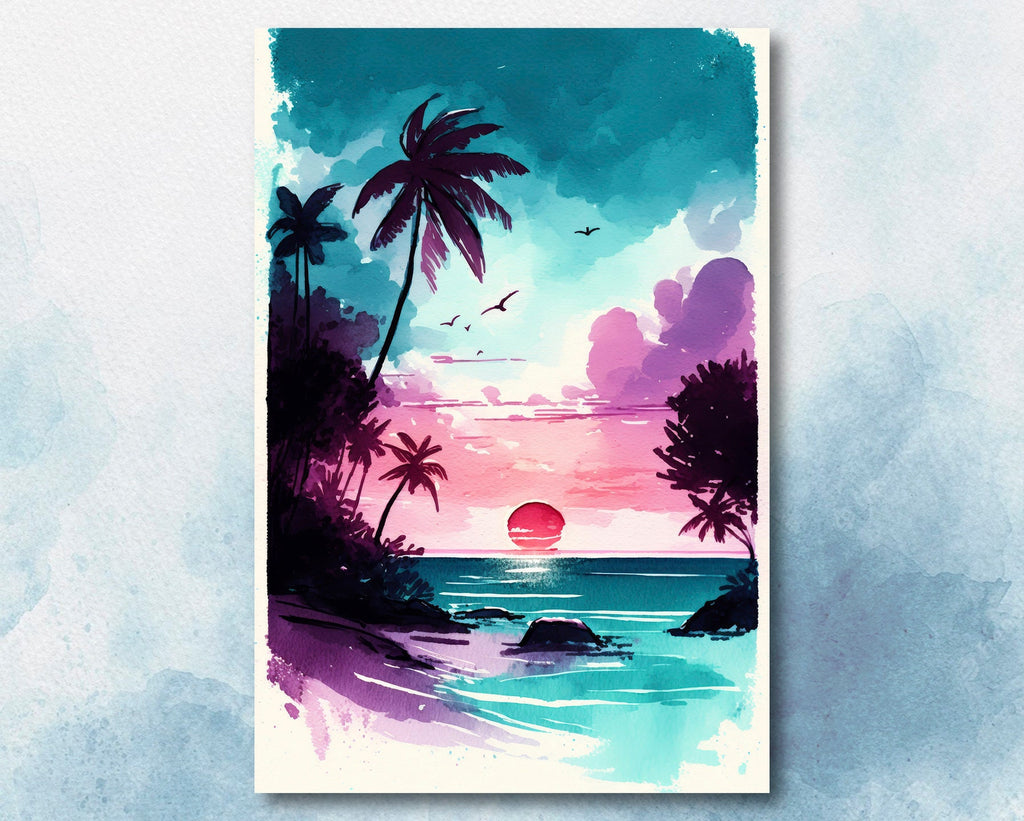 Palm Tree Sunset Art Print Tropical Watercolor Coastal Wall Art Nature Inspired Gift Beach House Home Decor