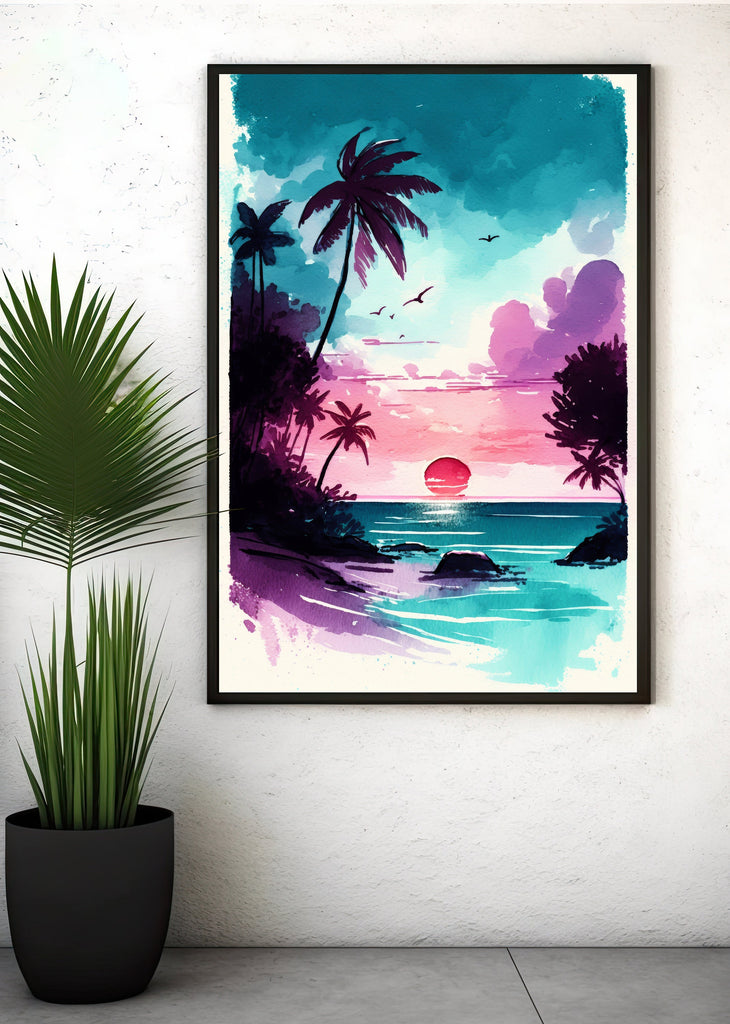 Palm Tree Sunset Art Print Tropical Watercolor Coastal Wall Art Nature Inspired Gift Beach House Home Decor