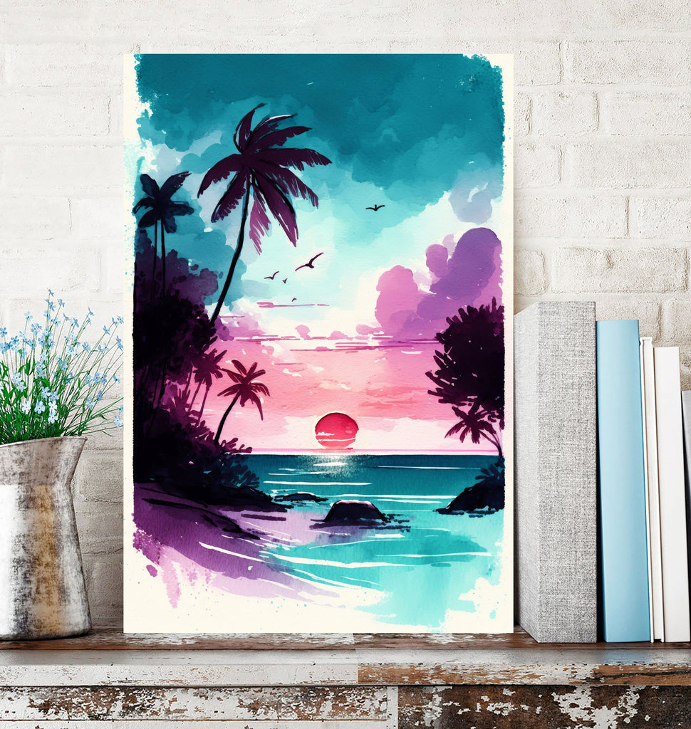 Palm Tree Sunset Art Print Tropical Watercolor Coastal Wall Art Nature Inspired Gift Beach House Home Decor