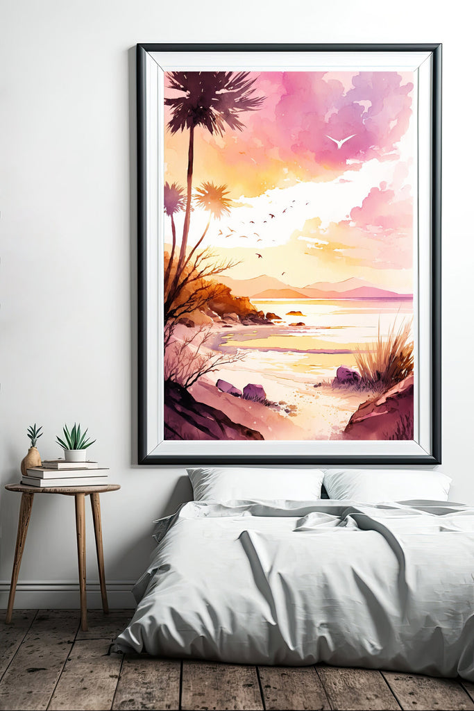 Palm Tree Sunset Art Print Tropical Watercolor Coastal Wall Art Nature Inspired Gift Beach House Home Decor