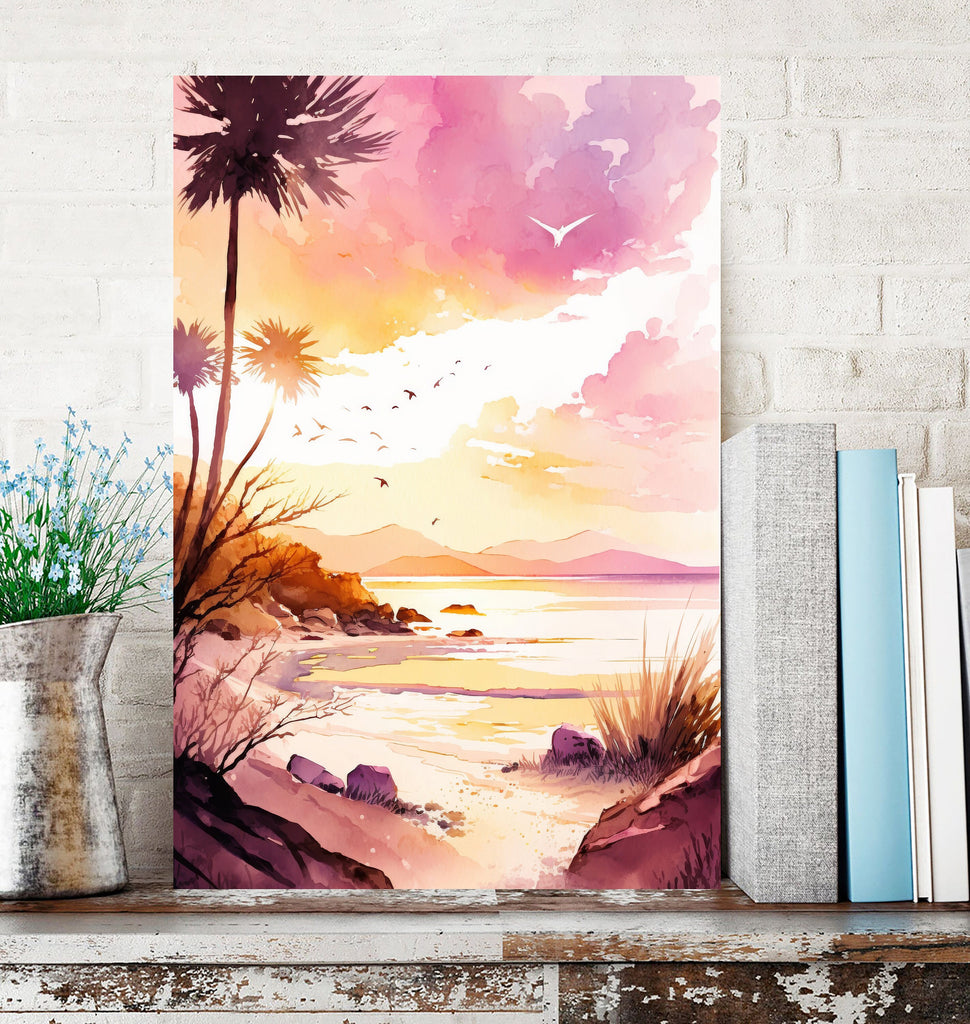 Palm Tree Sunset Art Print Tropical Watercolor Coastal Wall Art Nature Inspired Gift Beach House Home Decor