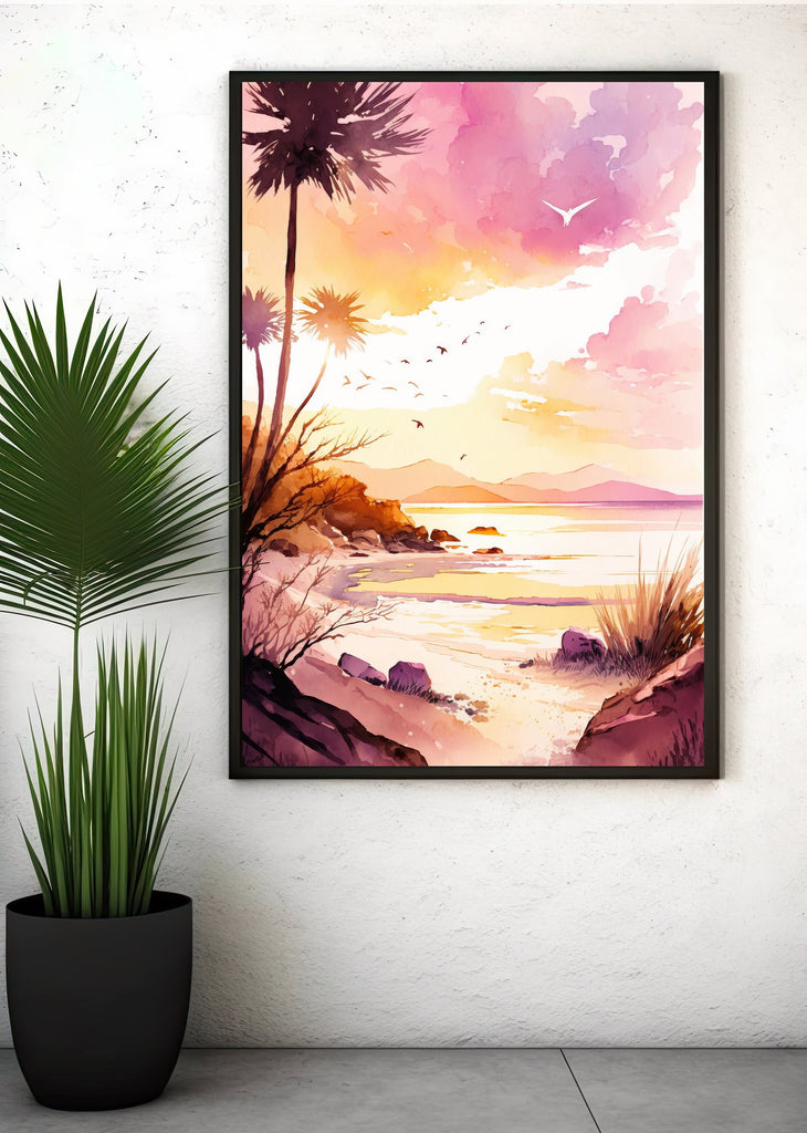 Palm Tree Sunset Art Print Tropical Watercolor Coastal Wall Art Nature Inspired Gift Beach House Home Decor