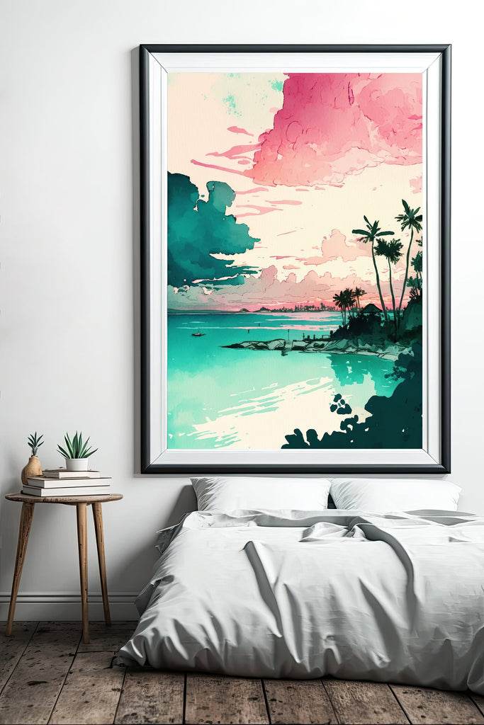 Palm Tree Sunset Art Print Tropical Watercolor Coastal Wall Art Nature Inspired Gift Beach House Home Decor