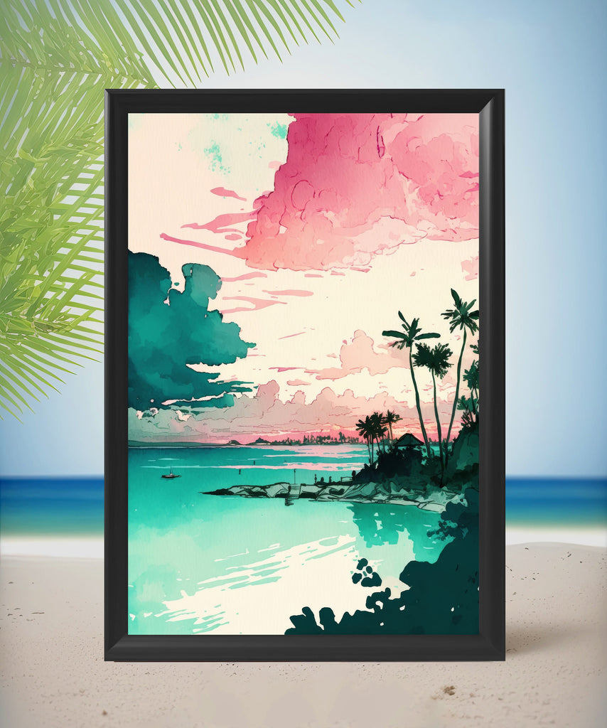 Palm Tree Sunset Art Print Tropical Watercolor Coastal Wall Art Nature Inspired Gift Beach House Home Decor