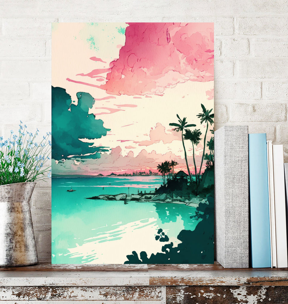 Palm Tree Sunset Art Print Tropical Watercolor Coastal Wall Art Nature Inspired Gift Beach House Home Decor