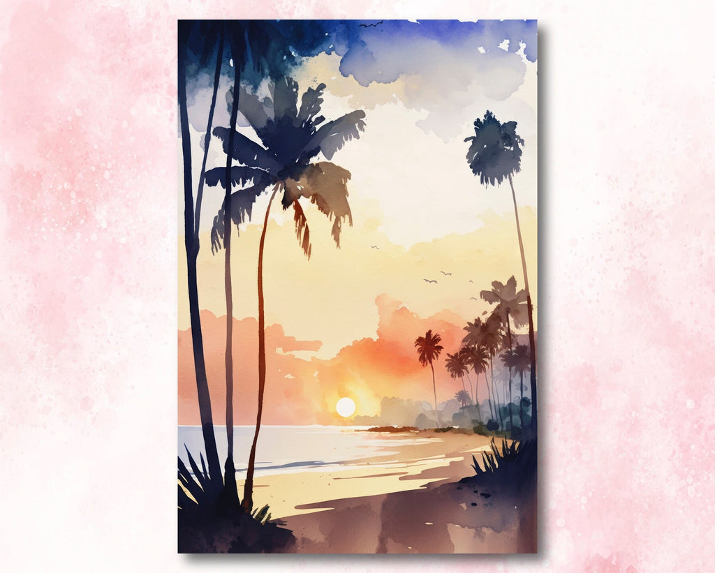 Palm Tree Sunset Art Print Tropical Watercolor Coastal Wall Art Nature Inspired Gift Beach House Home Decor