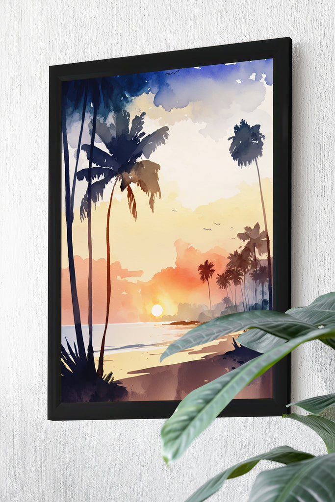 Palm Tree Sunset Art Print Tropical Watercolor Coastal Wall Art Nature Inspired Gift Beach House Home Decor