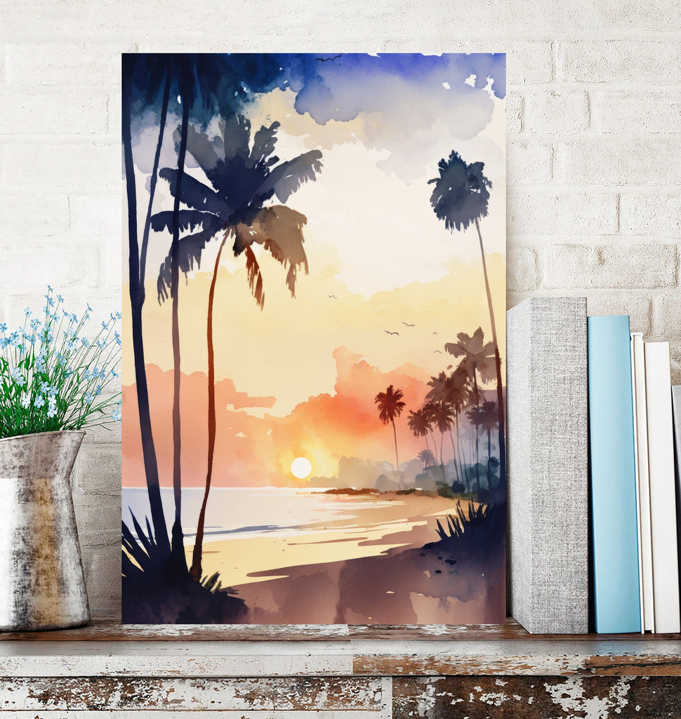 Palm Tree Sunset Art Print Tropical Watercolor Coastal Wall Art Nature Inspired Gift Beach House Home Decor