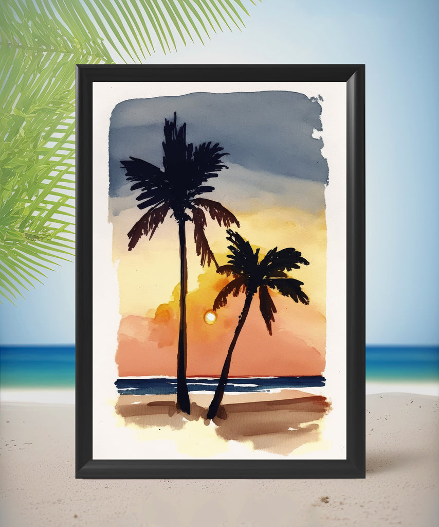 Palm Tree Sunset Art Print Tropical Watercolor Coastal Wall Art Nature Inspired Gift Beach House Home Decor