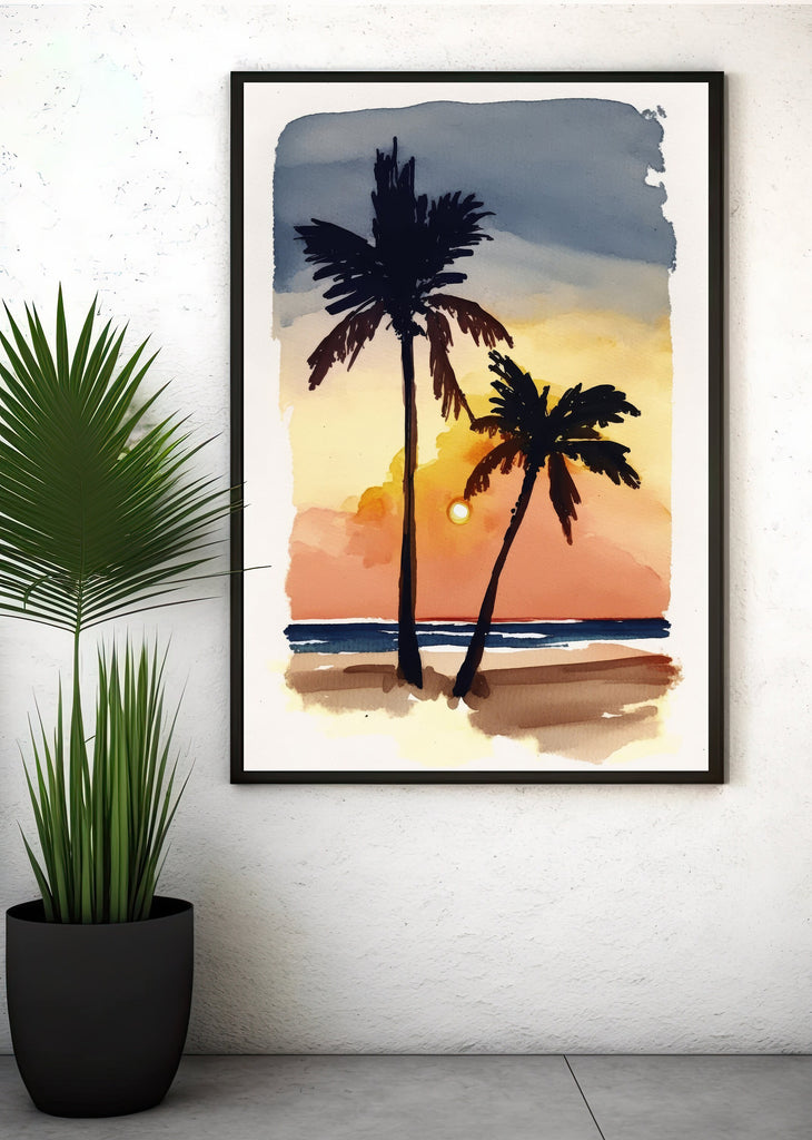 Palm Tree Sunset Art Print Tropical Watercolor Coastal Wall Art Nature Inspired Gift Beach House Home Decor