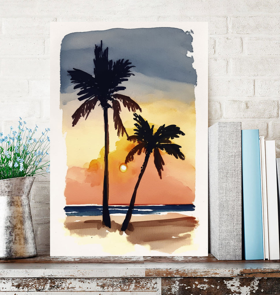 Palm Tree Sunset Art Print Tropical Watercolor Coastal Wall Art Nature Inspired Gift Beach House Home Decor