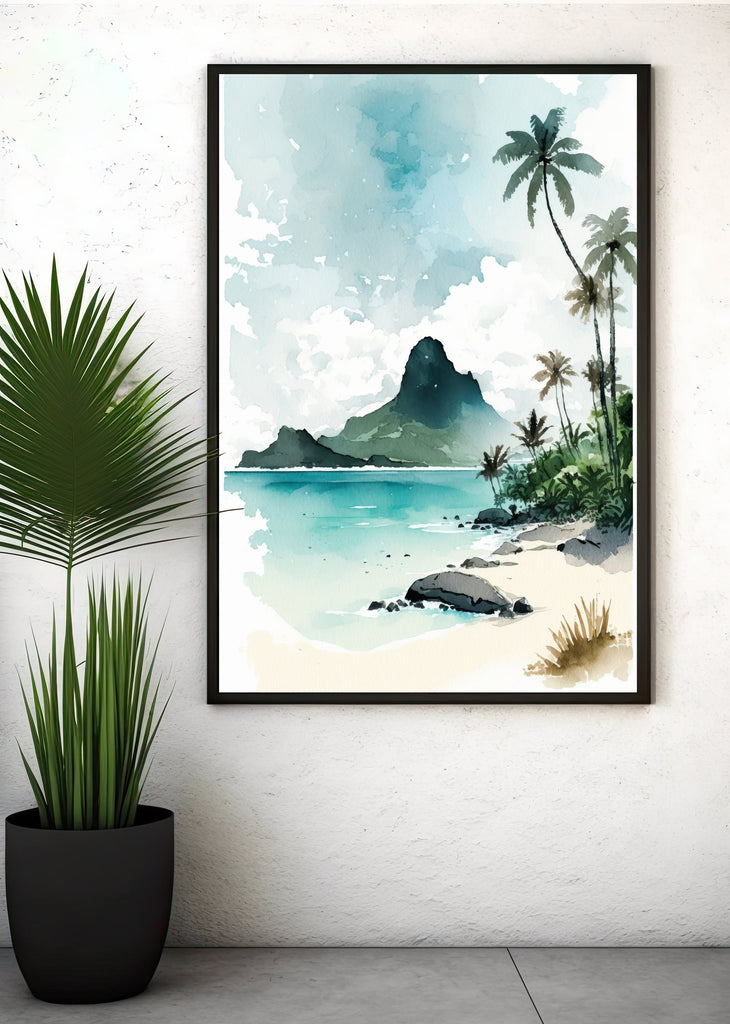 Tropical Palm Tree Beach Art Print Watercolor Coastal Wall Art Nature Inspired French Polynesia Gift Ocean Beach House Decor