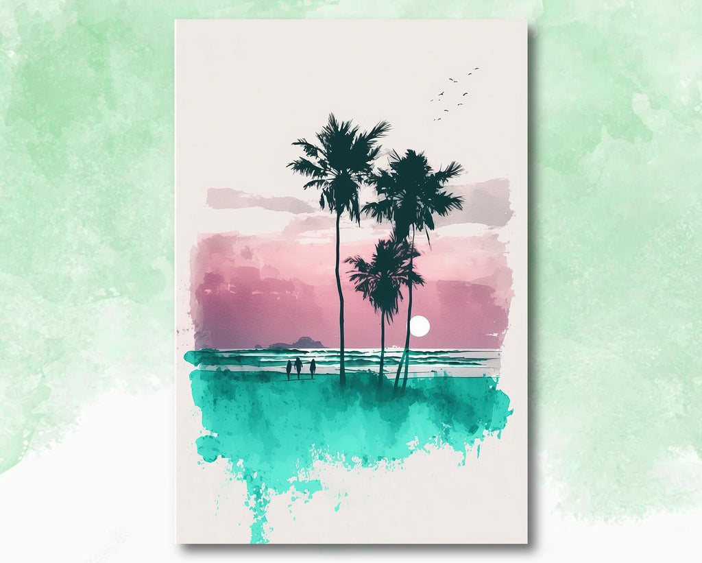 Palm Tree Sunset Art Print Tropical Watercolor Coastal Wall Art Nature Inspired Gift Beach House Home Decor