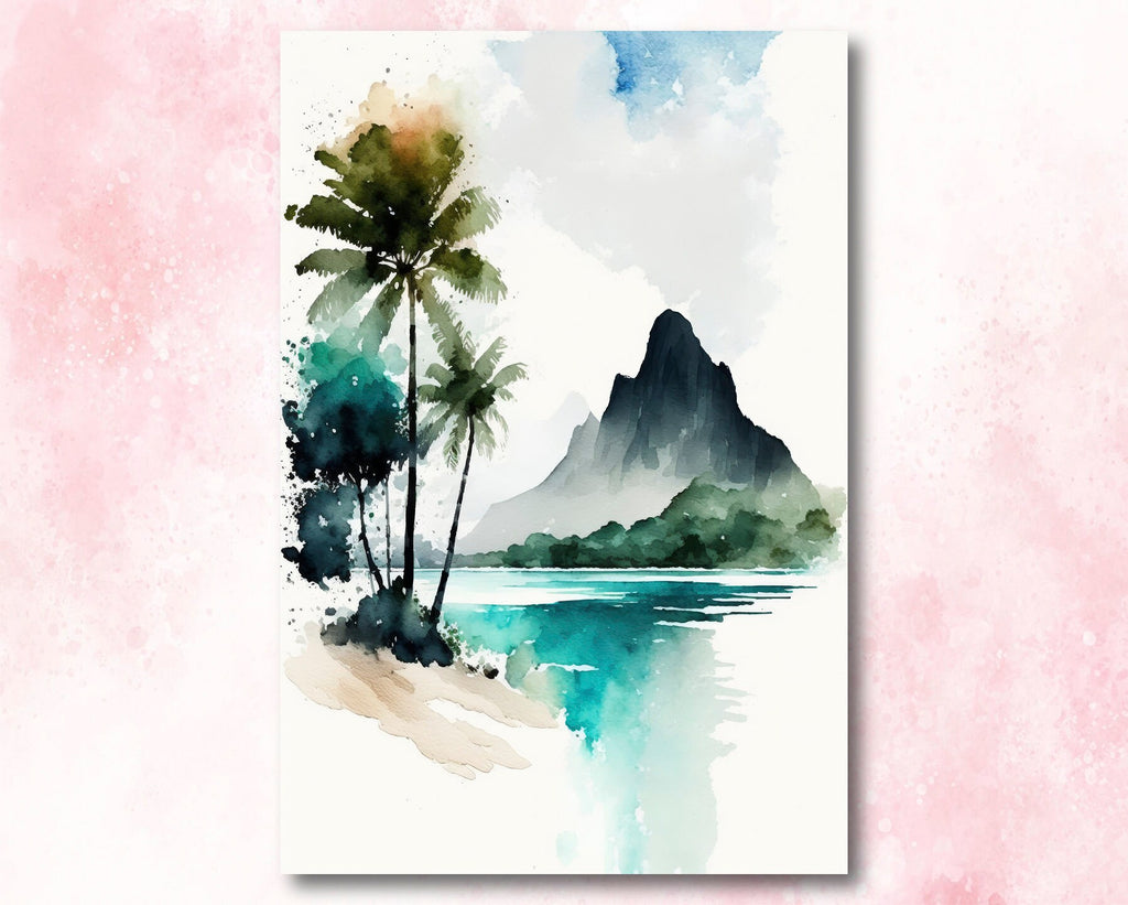 Tropical Palm Tree Beach Art Print Watercolor Coastal Wall Art Nature Inspired French Polynesia Gift Ocean Beach House Decor