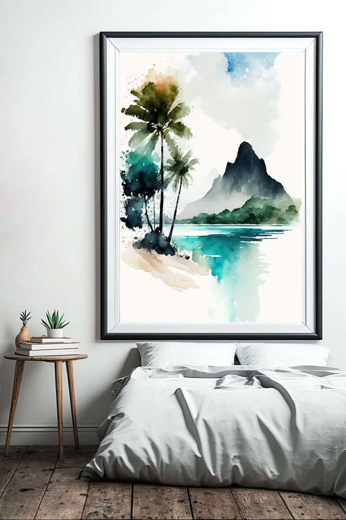 Tropical Palm Tree Beach Art Print Watercolor Coastal Wall Art Nature Inspired French Polynesia Gift Ocean Beach House Decor