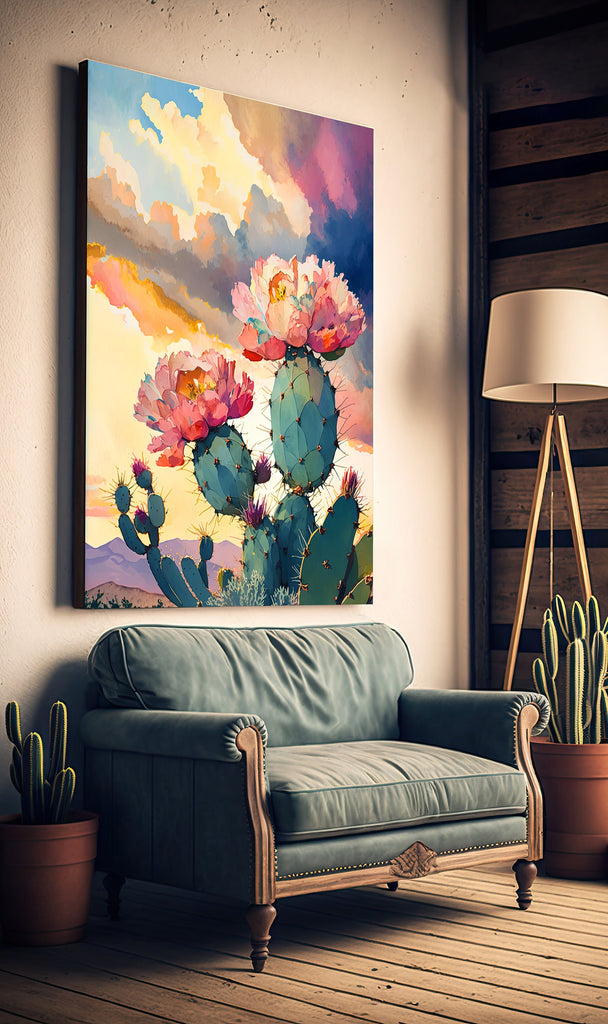 Flower Prickly Pear Cactus Sunset Art Print Watercolor Botanical Desert Wall Art Nature Inspired Sonoran Art Southwest Western Decor