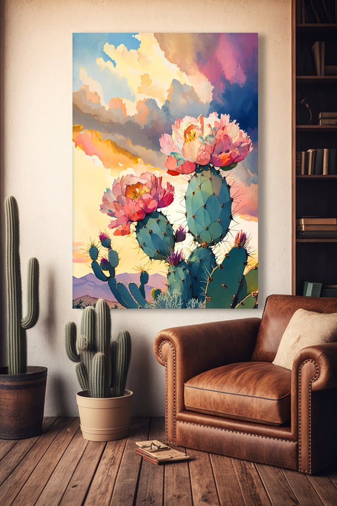 Flower Prickly Pear Cactus Sunset Art Print Watercolor Botanical Desert Wall Art Nature Inspired Sonoran Art Southwest Western Decor