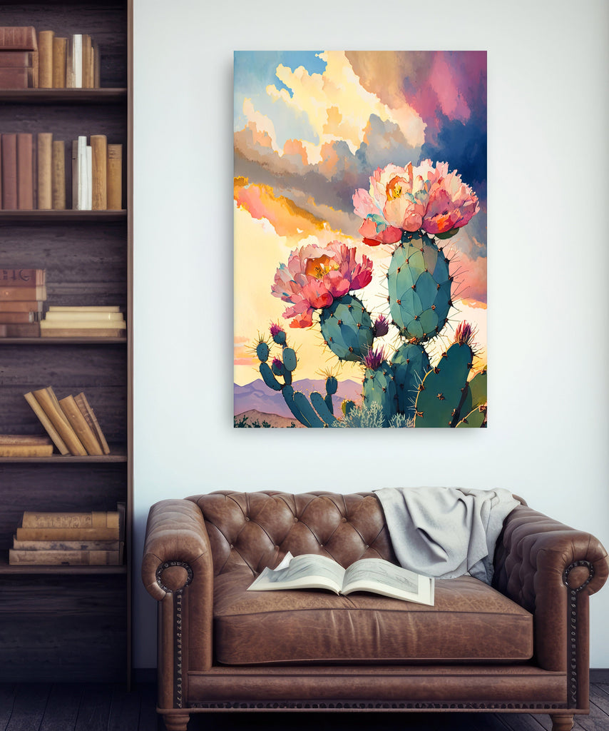 Flower Prickly Pear Cactus Sunset Art Print Watercolor Botanical Desert Wall Art Nature Inspired Sonoran Art Southwest Western Decor