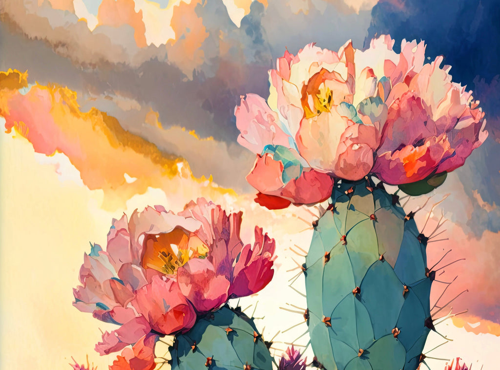 Flower Prickly Pear Cactus Sunset Art Print Watercolor Botanical Desert Wall Art Nature Inspired Sonoran Art Southwest Western Decor