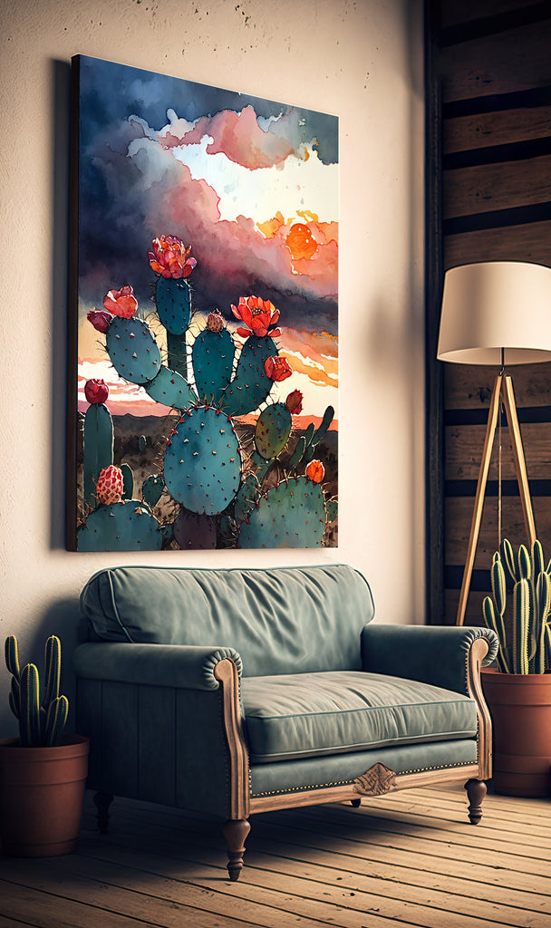 Flower Prickly Pear Cactus Sunset Art Print Watercolor Botanical Desert Wall Art Nature Inspired Sonoran Art Southwest Western Decor