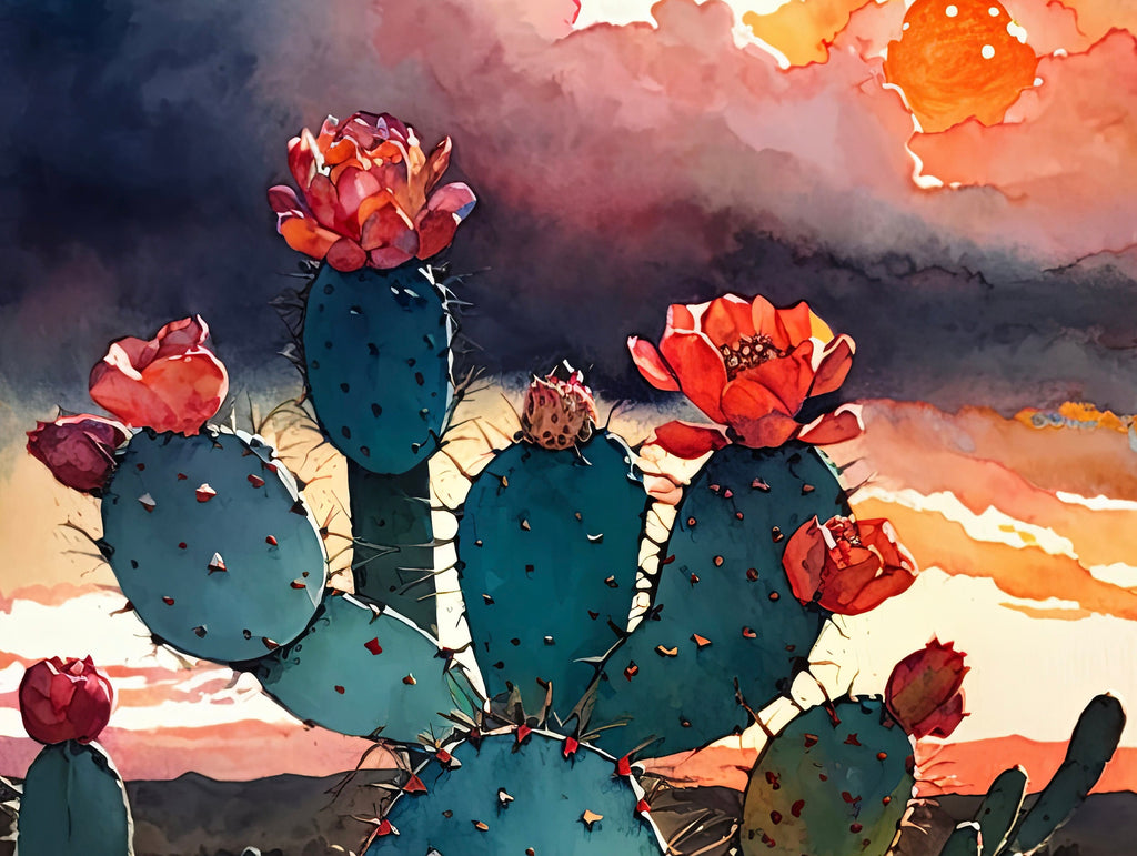 Flower Prickly Pear Cactus Sunset Art Print Watercolor Botanical Desert Wall Art Nature Inspired Sonoran Art Southwest Western Decor