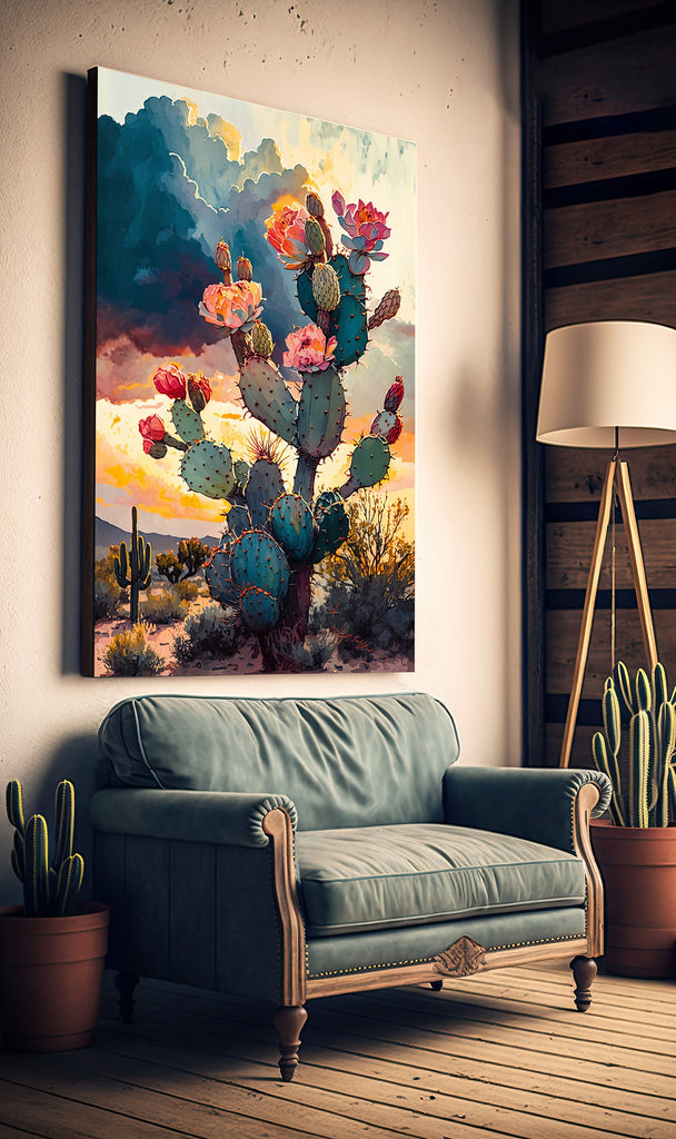 Flower Prickly Pear Cactus Sunset Art Print Watercolor Botanical Desert Wall Art Nature Inspired Sonoran Art Southwest Western Decor