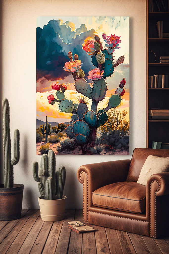 Flower Prickly Pear Cactus Sunset Art Print Watercolor Botanical Desert Wall Art Nature Inspired Sonoran Art Southwest Western Decor