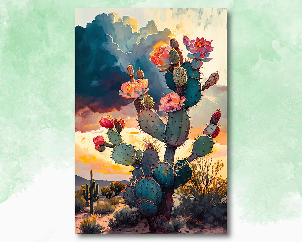 Flower Prickly Pear Cactus Sunset Art Print Watercolor Botanical Desert Wall Art Nature Inspired Sonoran Art Southwest Western Decor