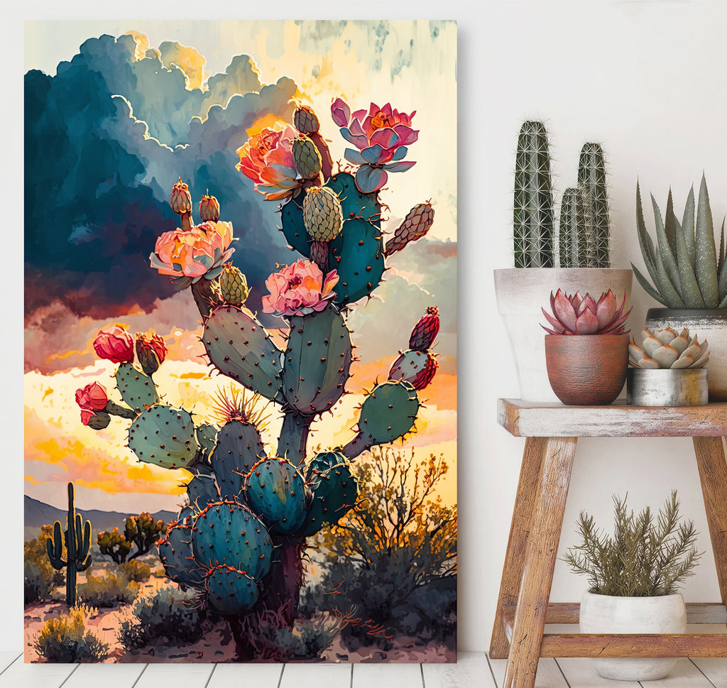 Flower Prickly Pear Cactus Sunset Art Print Watercolor Botanical Desert Wall Art Nature Inspired Sonoran Art Southwest Western Decor