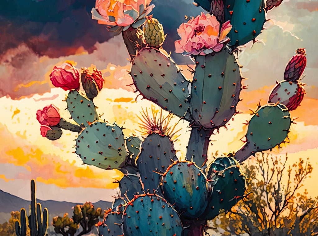 Flower Prickly Pear Cactus Sunset Art Print Watercolor Botanical Desert Wall Art Nature Inspired Sonoran Art Southwest Western Decor