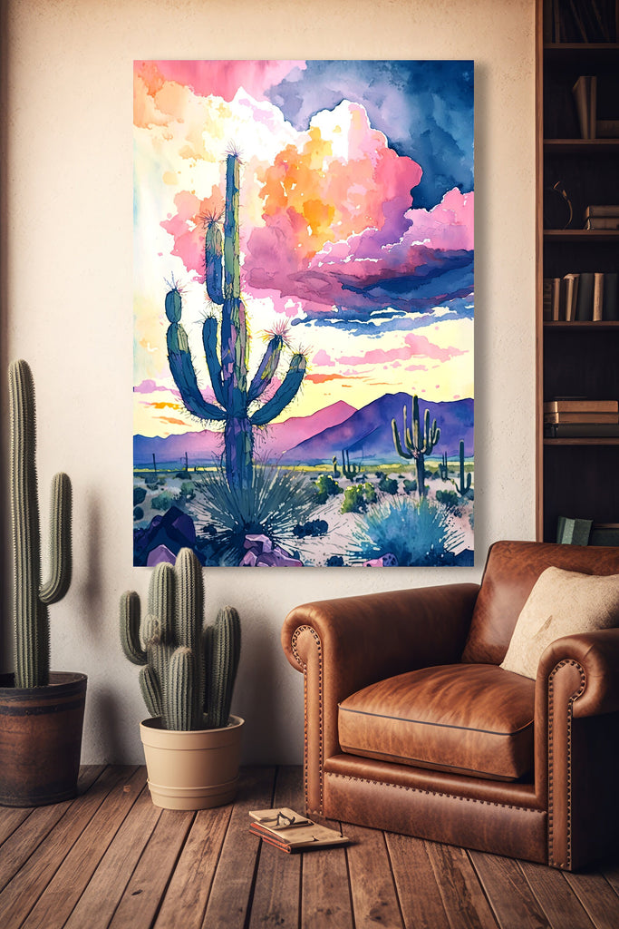 Desert Cactus Sunset Print Colorful Watercolor Wall Art Southwest Landscape Gift Saguaro Beautiful Nature Home Decor