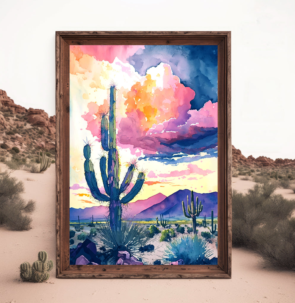 Desert Cactus Sunset Print Colorful Watercolor Wall Art Southwest Landscape Gift Saguaro Beautiful Nature Home Decor