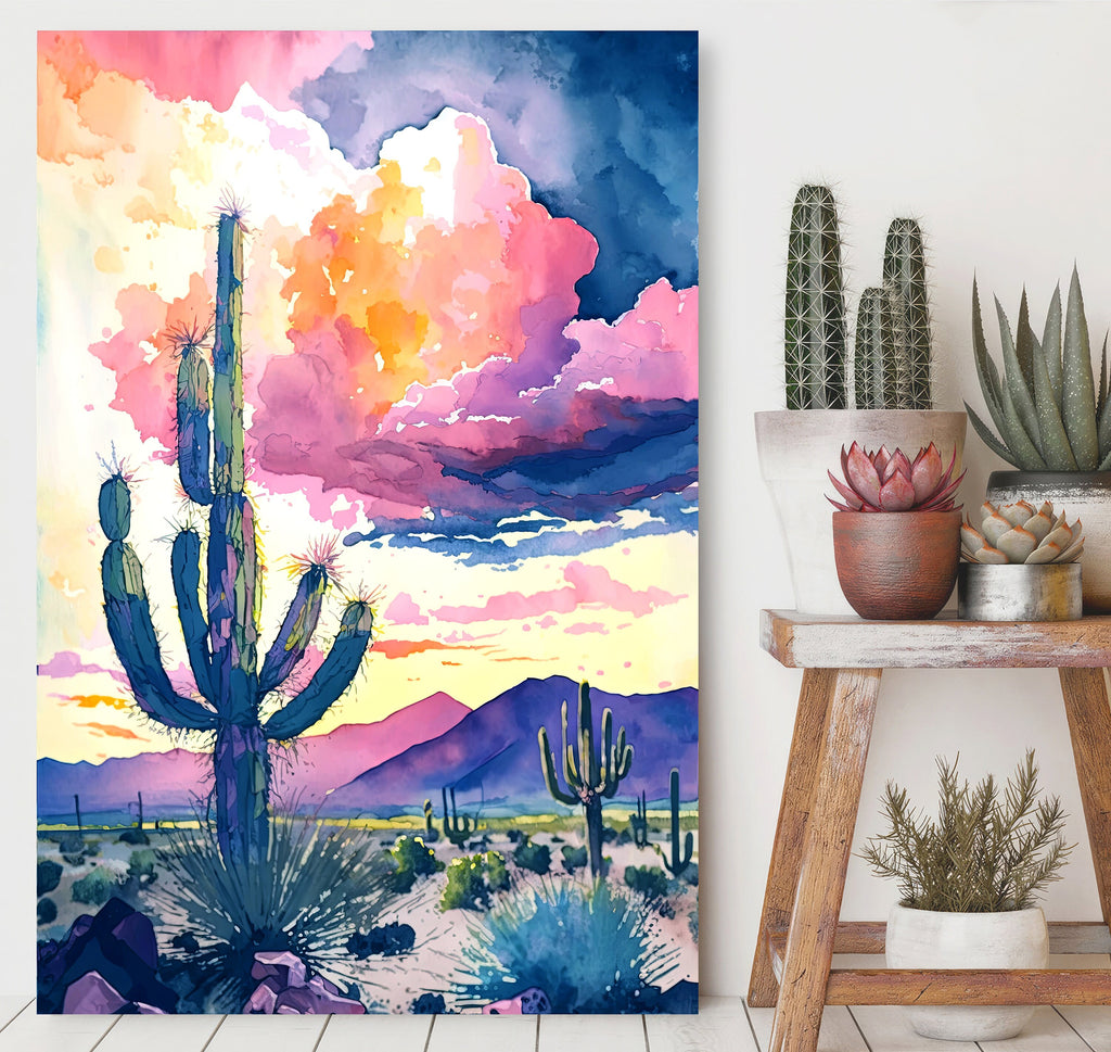 Desert Cactus Sunset Print Colorful Watercolor Wall Art Southwest Landscape Gift Saguaro Beautiful Nature Home Decor