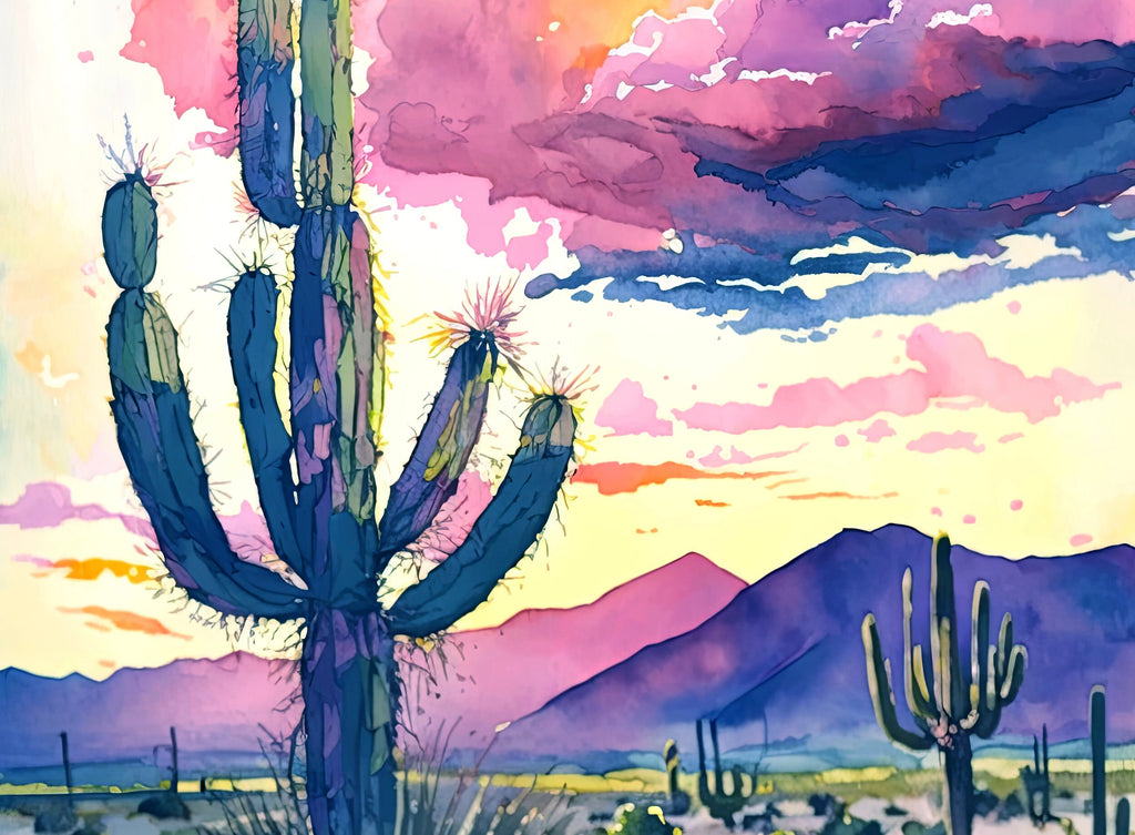 Desert Cactus Sunset Print Colorful Watercolor Wall Art Southwest Landscape Gift Saguaro Beautiful Nature Home Decor