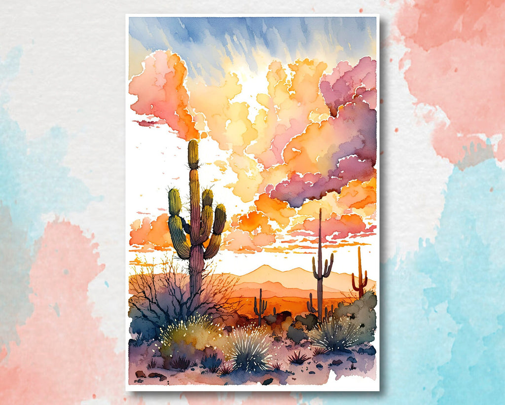 Desert Cactus Sunset Print Colorful Watercolor Wall Art Southwest Landscape Gift Saguaro Beautiful Nature Home Decor