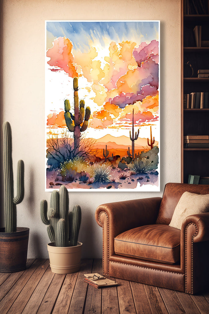 Desert Cactus Sunset Print Colorful Watercolor Wall Art Southwest Landscape Gift Saguaro Beautiful Nature Home Decor