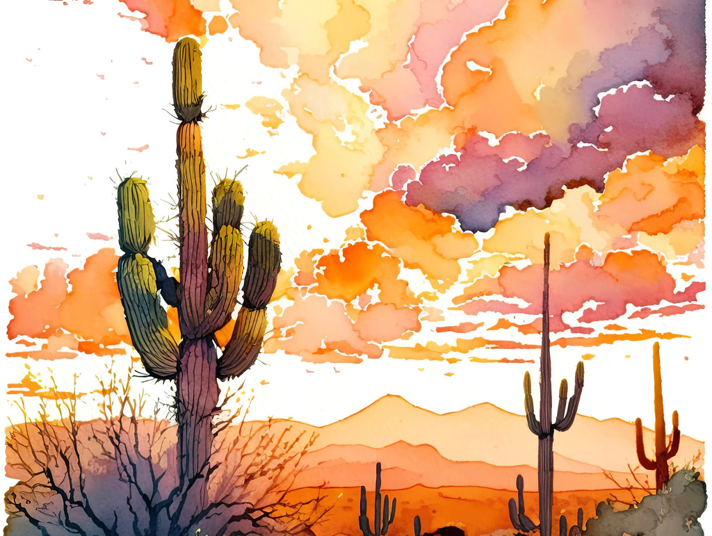 Desert Cactus Sunset Print Colorful Watercolor Wall Art Southwest Landscape Gift Saguaro Beautiful Nature Home Decor