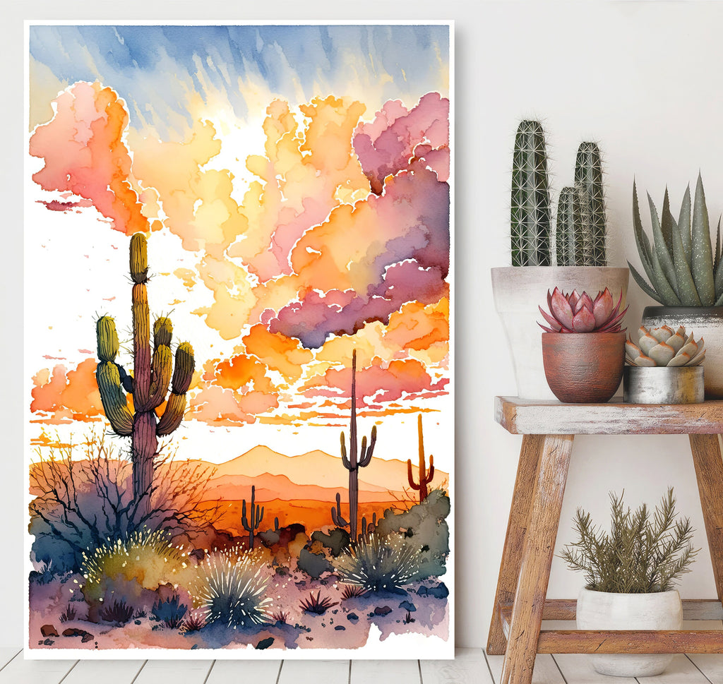 Desert Cactus Sunset Print Colorful Watercolor Wall Art Southwest Landscape Gift Saguaro Beautiful Nature Home Decor