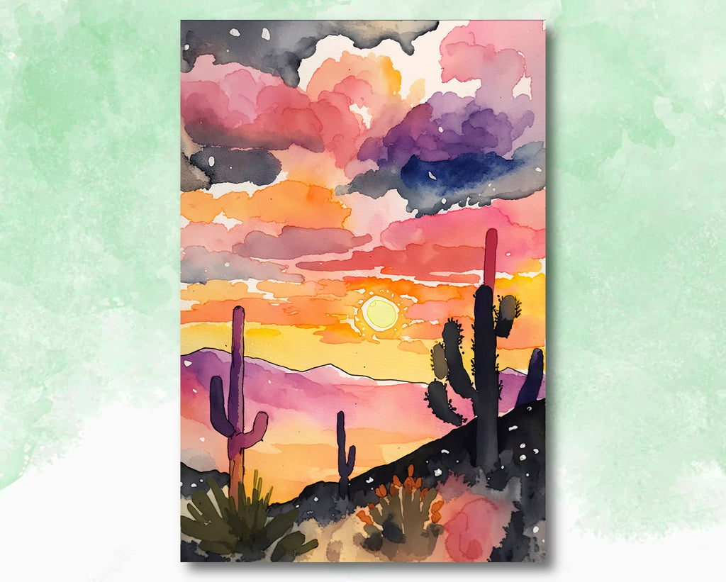 Desert Cactus Sunset Print Colorful Watercolor Wall Art Southwest Landscape Gift Saguaro Beautiful Nature Home Decor