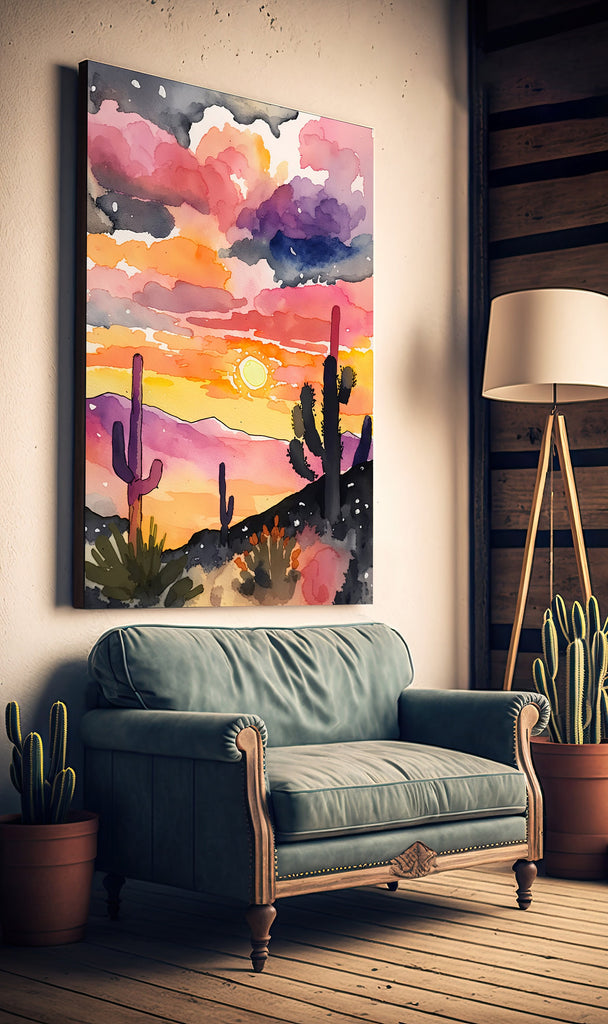 Desert Cactus Sunset Print Colorful Watercolor Wall Art Southwest Landscape Gift Saguaro Beautiful Nature Home Decor