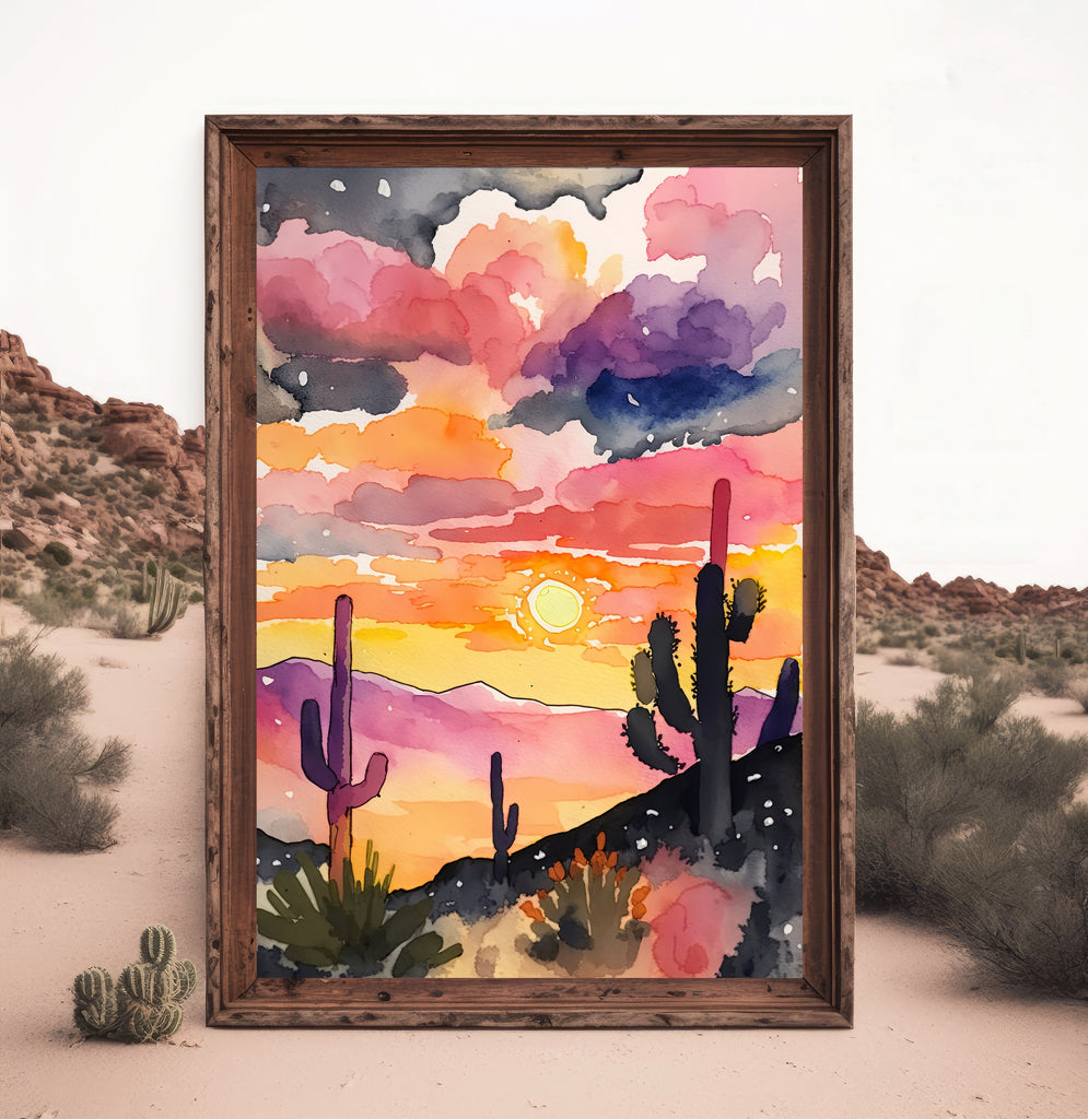 Desert Cactus Sunset Print Colorful Watercolor Wall Art Southwest Landscape Gift Saguaro Beautiful Nature Home Decor