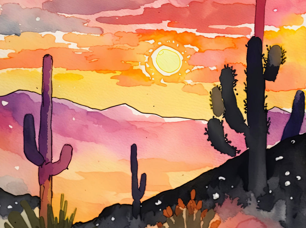 Desert Cactus Sunset Print Colorful Watercolor Wall Art Southwest Landscape Gift Saguaro Beautiful Nature Home Decor