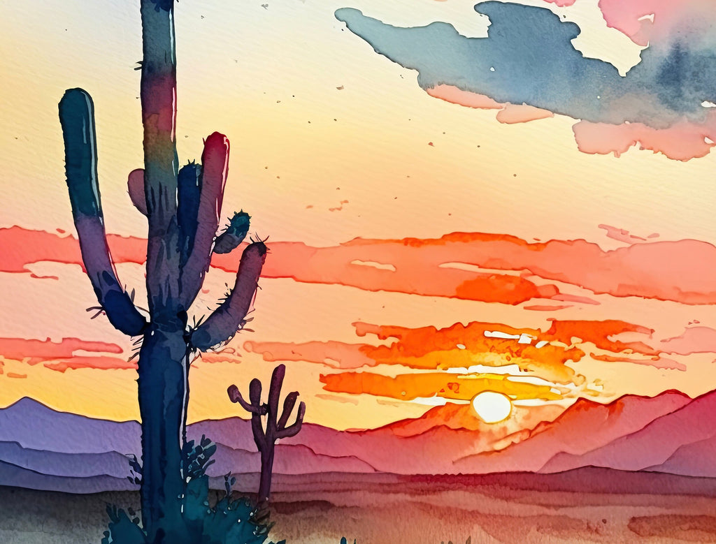 Desert Cactus Sunset Print Colorful Watercolor Wall Art Southwest Landscape Gift Saguaro Beautiful Nature Home Decor