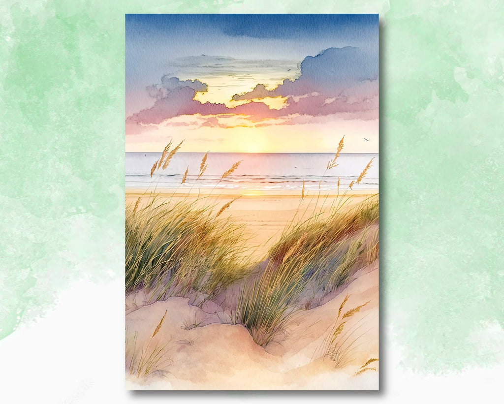 Pastel Summer Beach Sunset Watercolor Print Ocean Wall Art Coastal Sea Nature Gift Landscape Home Decor