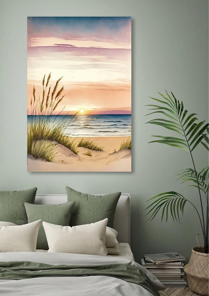 Pastel Summer Beach Sunset Watercolor Print Ocean Wall Art Coastal Sea Nature Gift Landscape Home Decor