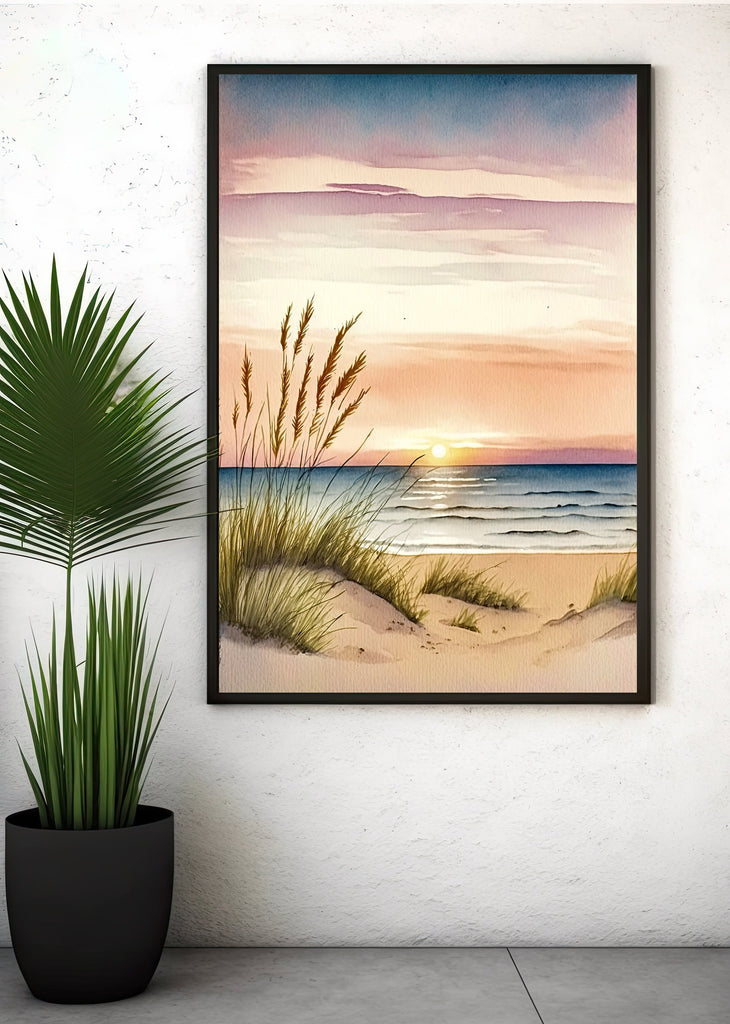 Pastel Summer Beach Sunset Watercolor Print Ocean Wall Art Coastal Sea Nature Gift Landscape Home Decor