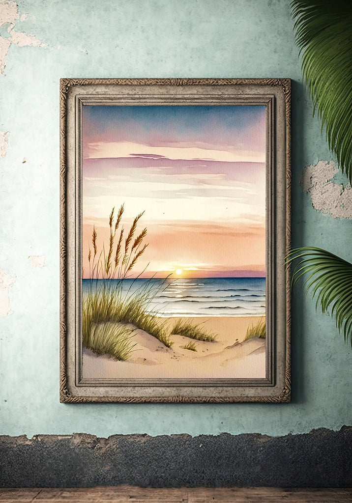 Pastel Summer Beach Sunset Watercolor Print Ocean Wall Art Coastal Sea Nature Gift Landscape Home Decor