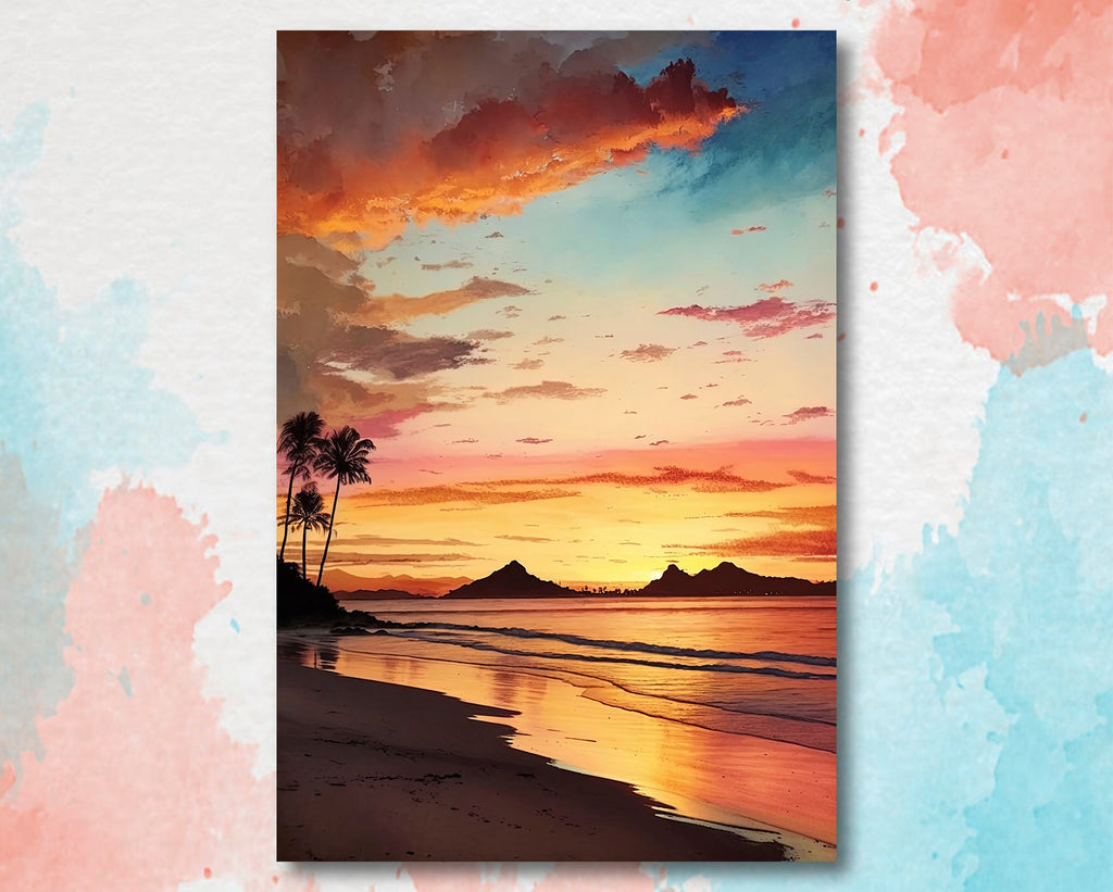 Summer Beach Sunset Watercolor Print Ocean Wall Art Coastal Sea Nature Gift Landscape Home Decor