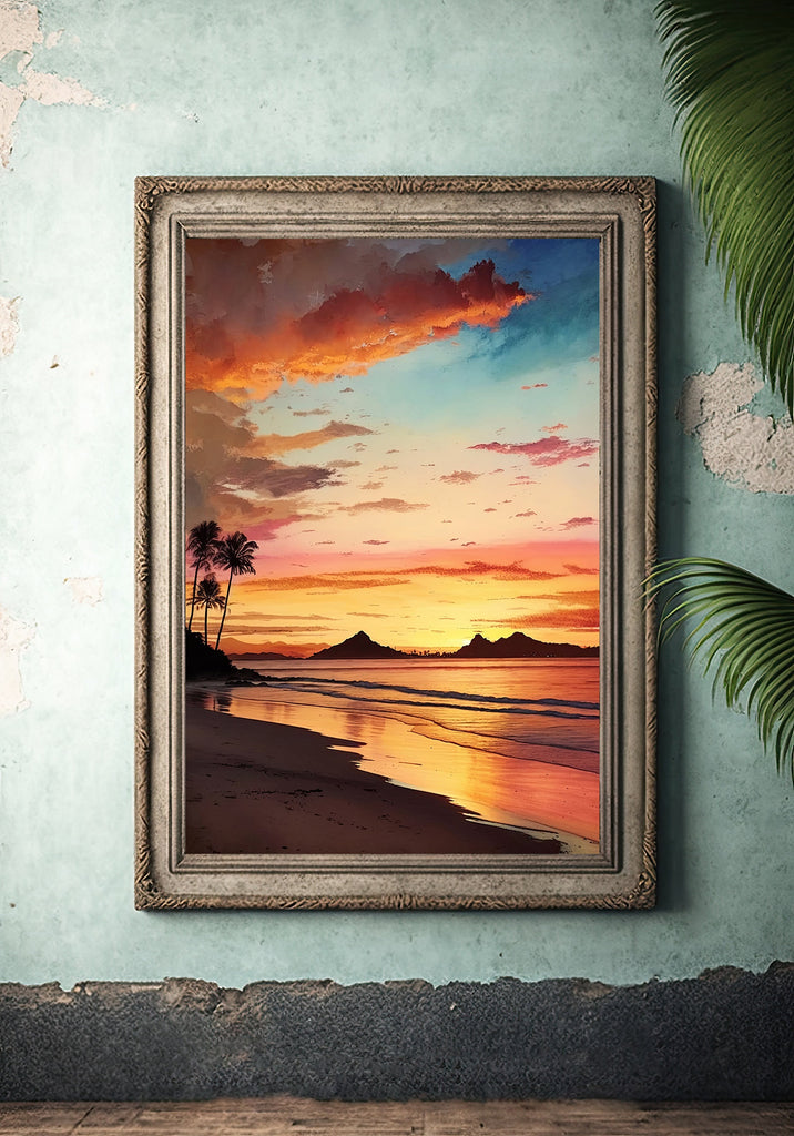 Summer Beach Sunset Watercolor Print Ocean Wall Art Coastal Sea Nature Gift Landscape Home Decor