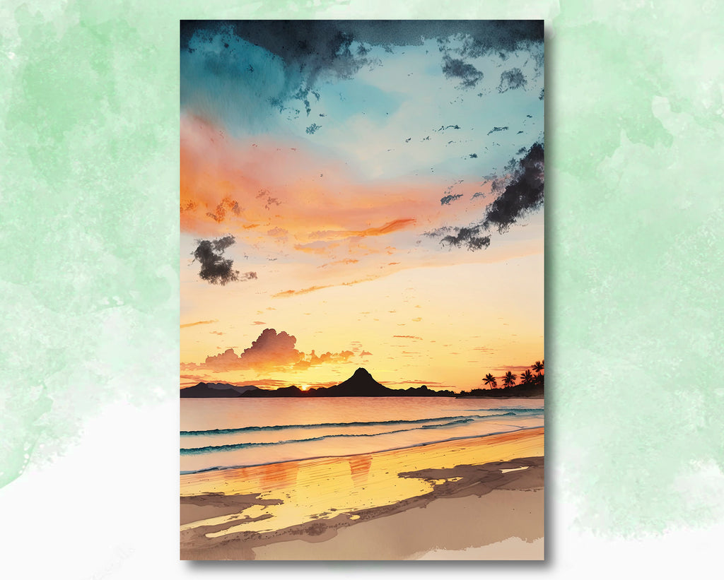 Summer Beach Sunset Watercolor Print Ocean Wall Art Coastal Sea Nature Gift Landscape Home Decor